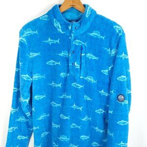 AFTCO Pullover Jacket Men's Large Blue Fleece 1/4 Button Fish Print Long Sleeve